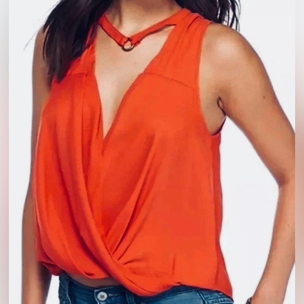 Free People So Fine Wrap Tank Top Orange Choker Deep V Neck Boho Flowy sz L